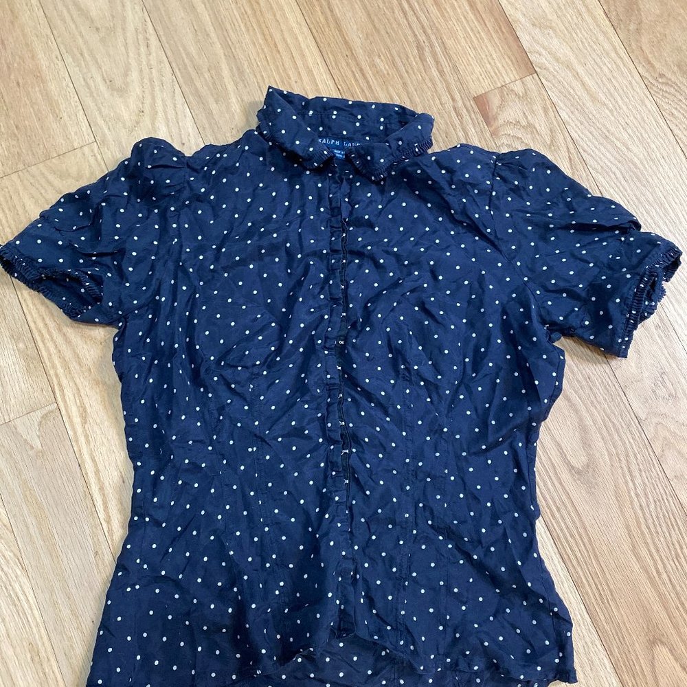 Ralph Lauren women's size 12 blouse navy polka dot